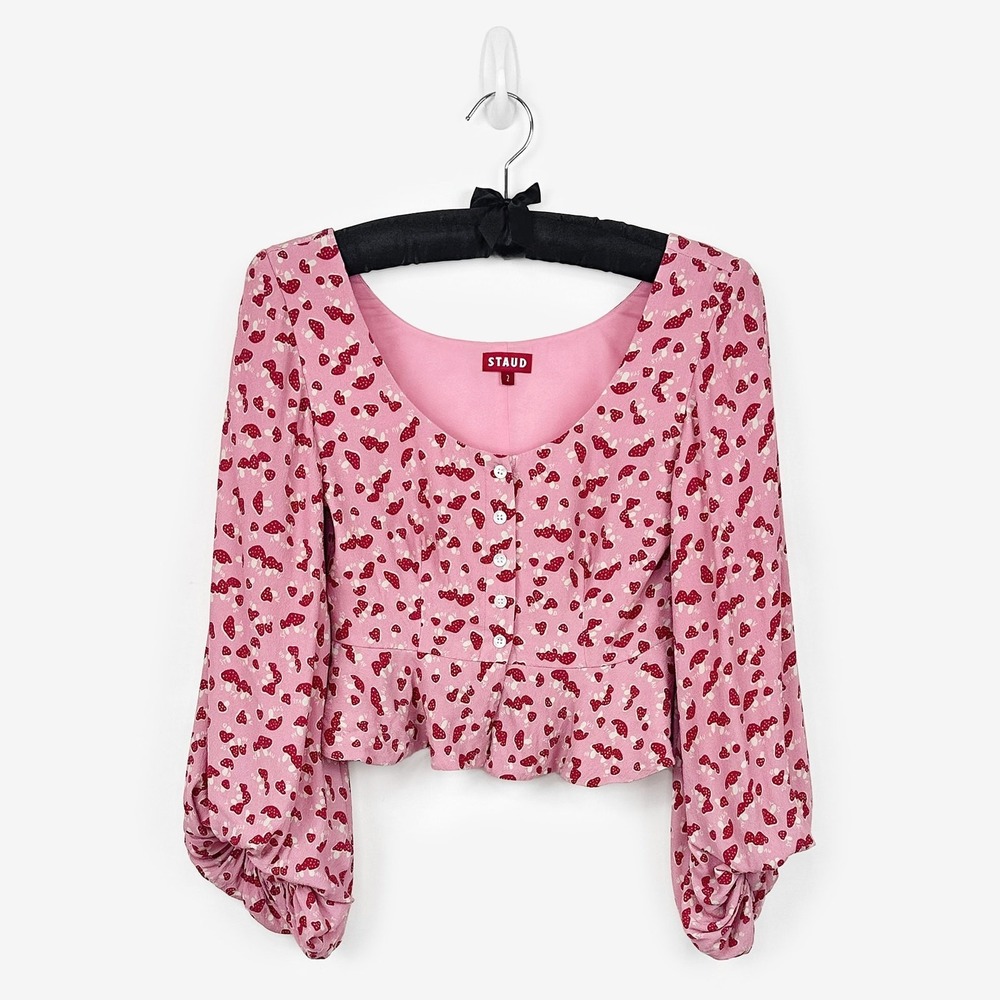 Staud Gisele Mushroom Print Top Size 2 Blush Pink Girlcore Kitsch Cute Whimsical
